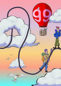 Illustration af to bjergbestigere der kravler på et meget langt ørehår, som slynger sig gennem himlen. IUddrag af børnebogen Min Morfars Øre (uudgivet)