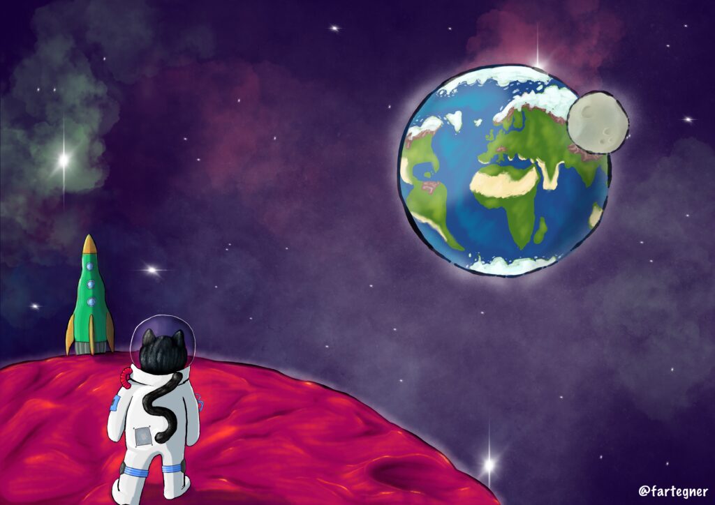 Digital illustration af en kat i rumdragt går mod enraket på en fremmed planet. Uddrag af børnebogen 'Min Bedstefars Kat - og andre børnerim' (uudgivet)