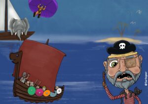 Digital illustration af en Pirat, vikinger og en elefant sejler rundt på havet, mens en faldskærmsspringer hopper ud.IUddrag af børnebogen 'Min Bedstefars Kat - og andre børnerim' (uudgivet)