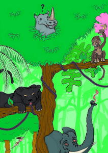Et ørehår slynger sig gennem junglen, mens dyr kigger på